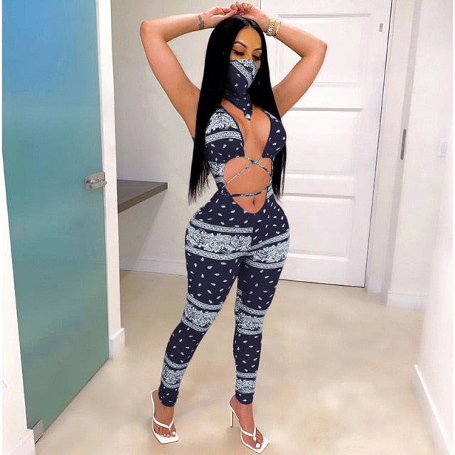 Printed  Bandage Jumpsuit With Scarf